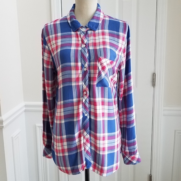 Rails Hunter Plaid Marina Flamingo Button Down Long Sleeve‎ Blouse - Picture 1 of 10